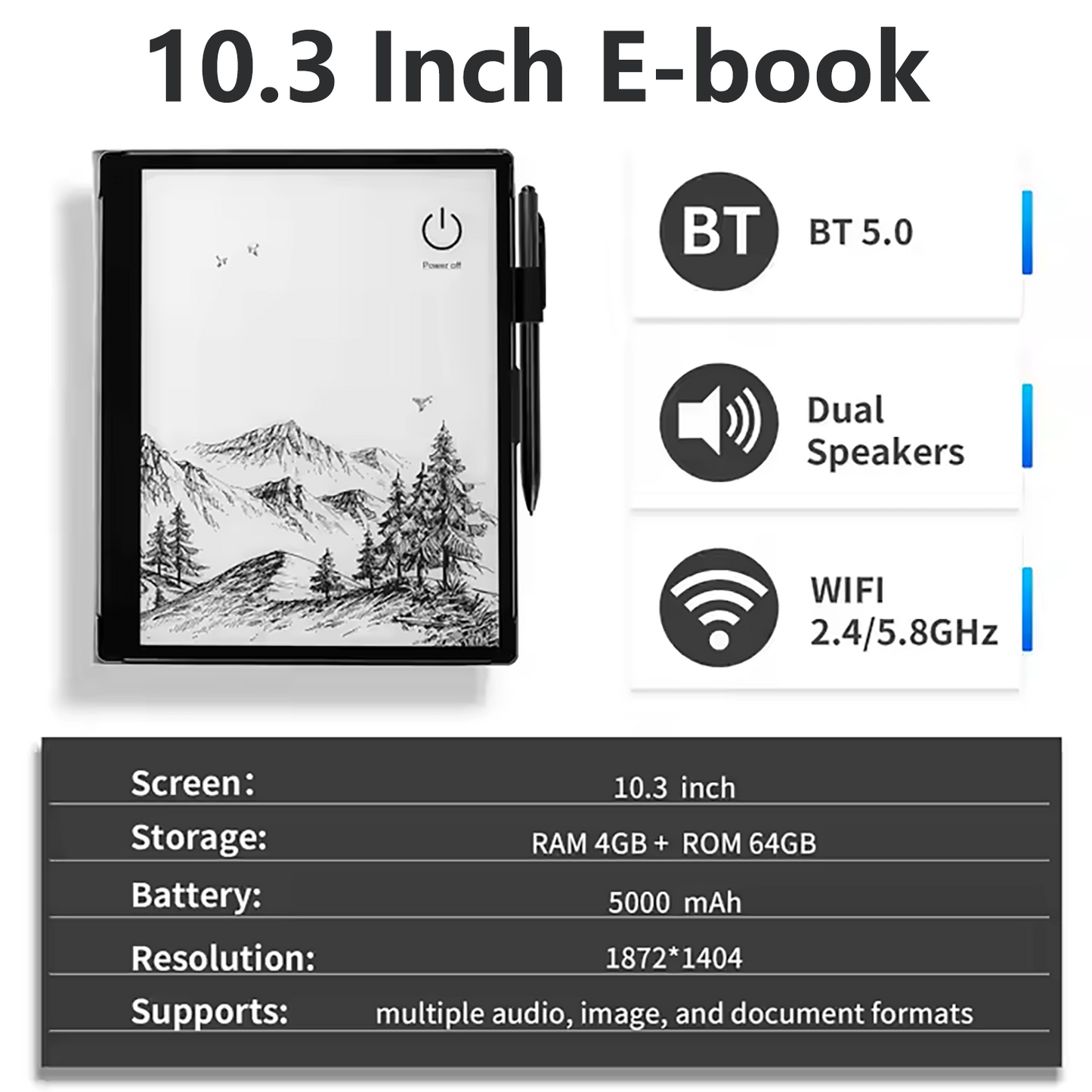 E-Book Reader with Large E-Ink Screen 10.3-inch Glare-Free & Eye-Friendly E-Reader Wi-Fi E-Readers for Kids Adults & Seniors
